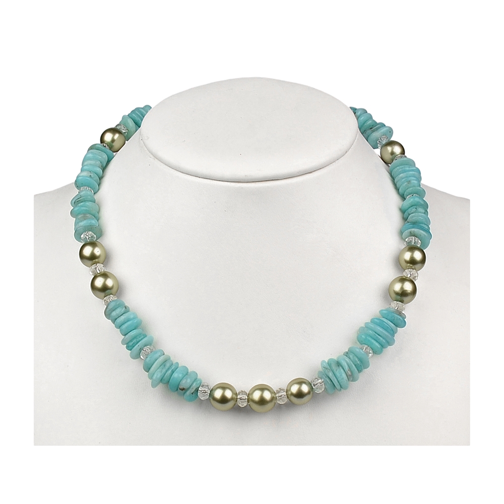 Collana di amazzonite, cristallo di rocca, perle di conchiglia ("verde turchese"), 45 - 51 cm