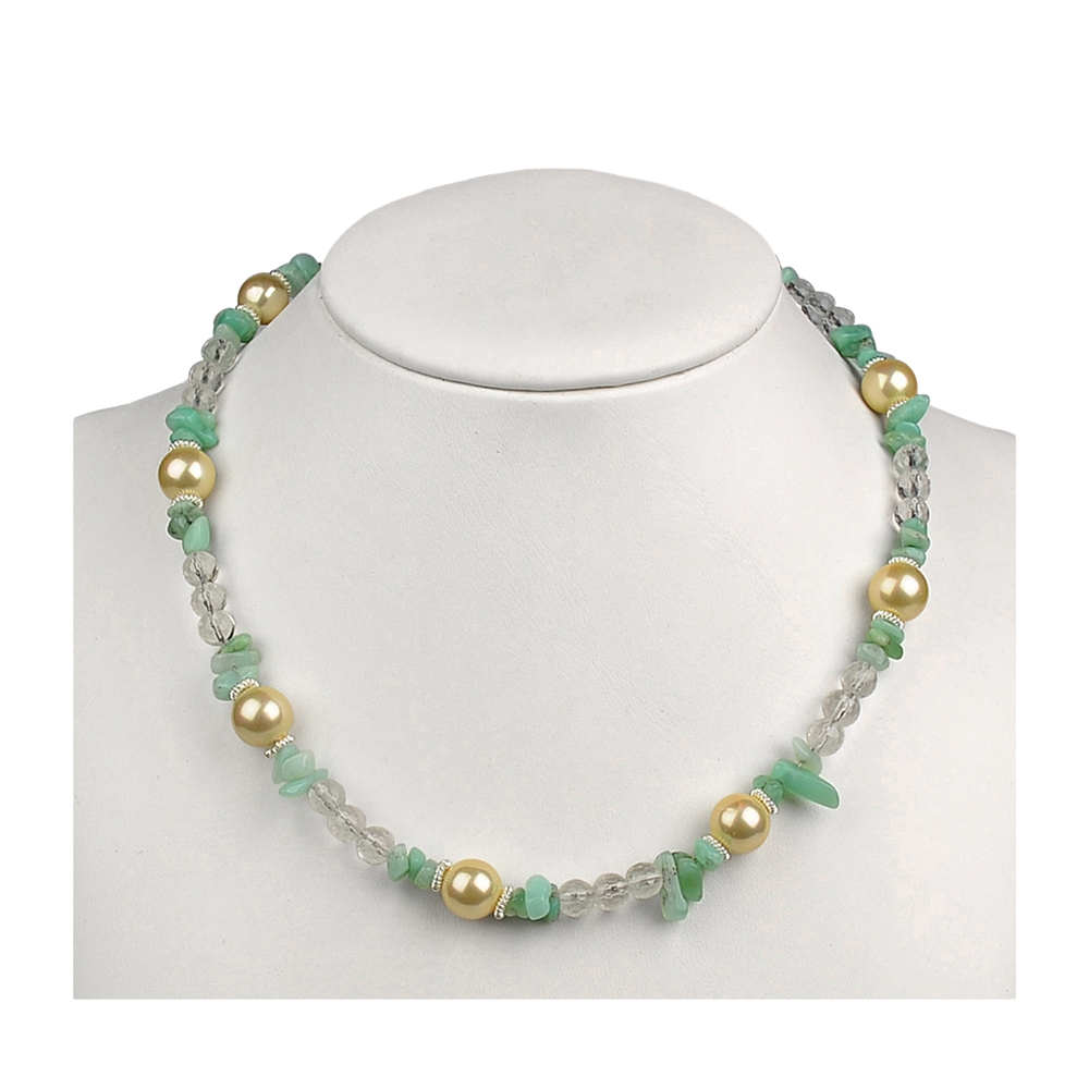 Collana di crisoprasio, cristallo di rocca, perle di conchiglia ("verde-giallo"), 45 - 51 cm