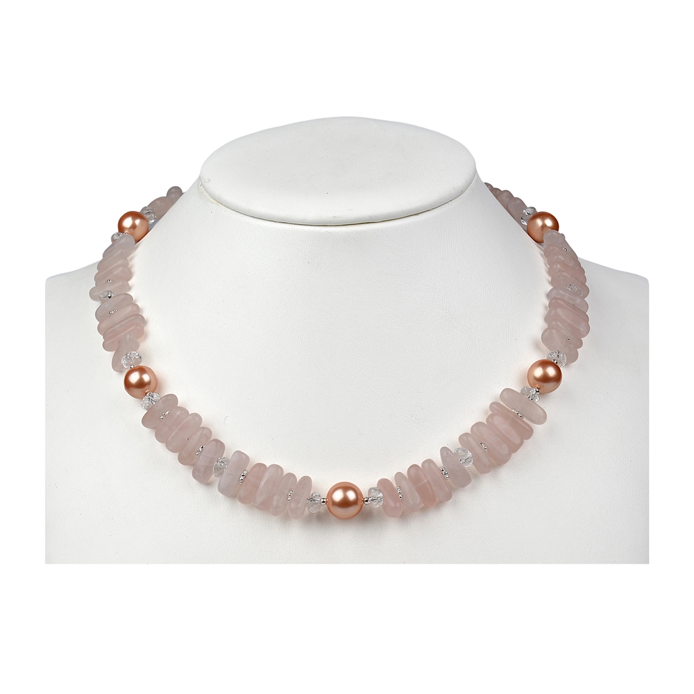 Collier Quartz rose, Cristal de roche, perle de culture ("rose-rose"), 45 - 51cm