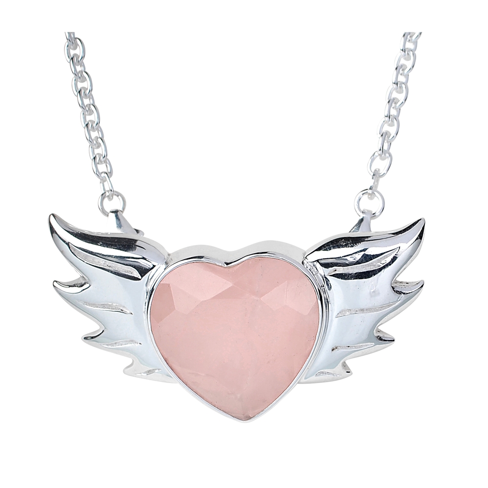 Necklace "Heart with wings", Rose Quartz faceted, anchor chain 03mm/50cm