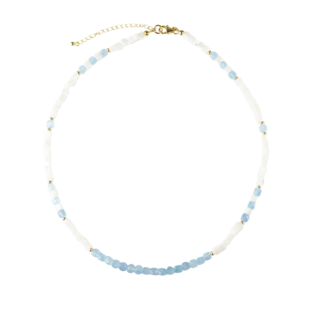 Necklace Aquamarine, Mother of Pearl, gold plated, extension chain