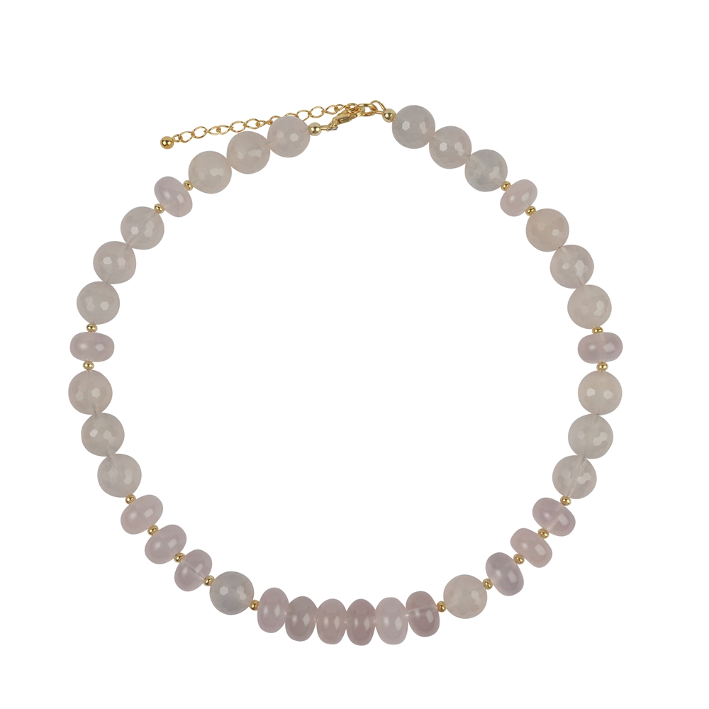 Collana in calcedonio (rosa), bottone, perle sfaccettate, placcatura oro, catena di prolungamento