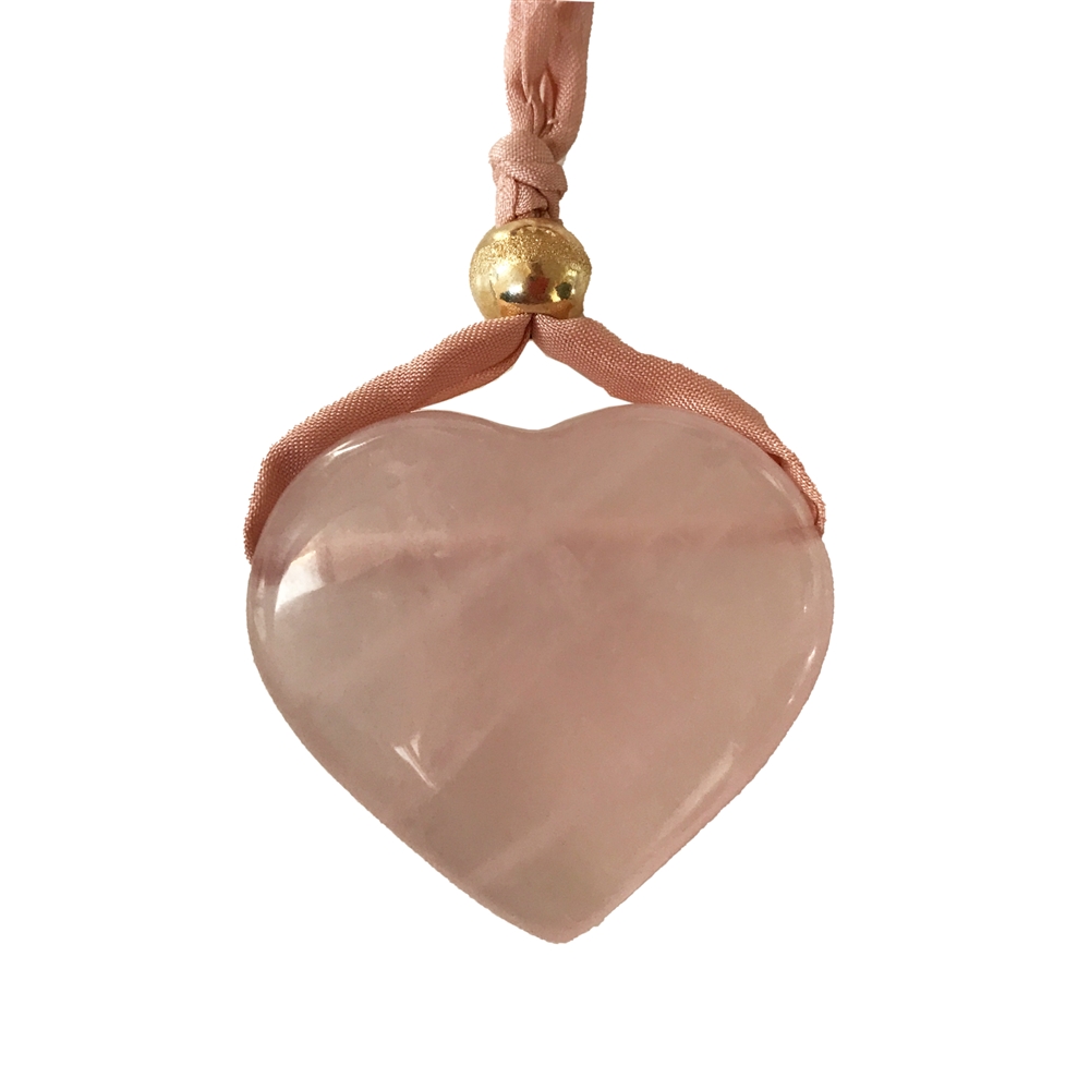 Collier Quartz rose, cœur (35mm) sur cordon de soie, doré, nœud coulissant