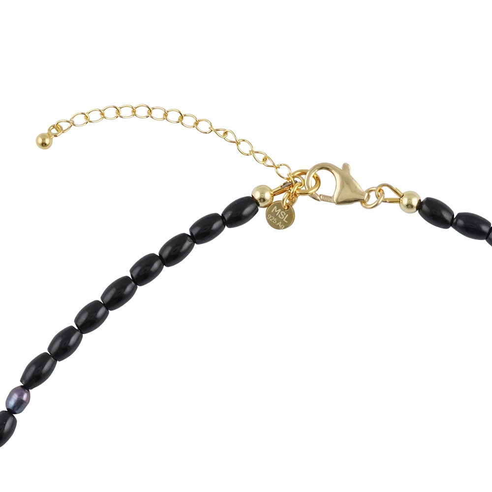 Tourmaline (black) olive necklace, rice grain beads, gold-plated, extension chain | Marco Schreier