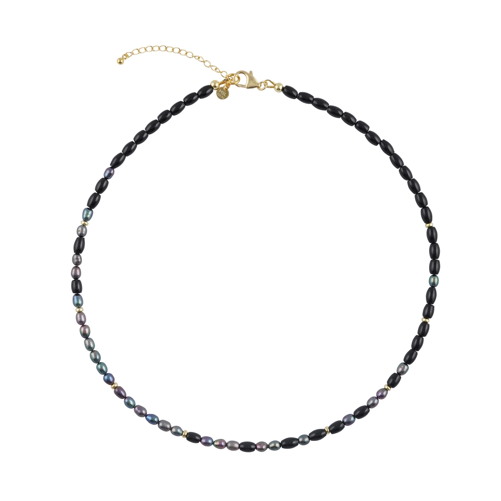 Tourmaline (black) olive necklace, rice grain beads, gold-plated, extension chain | Marco Schreier