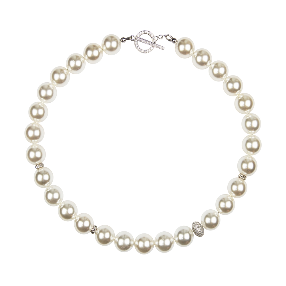 Collier perles de coquillages blanches, Zircon cubique, argent rhodié, 48cm