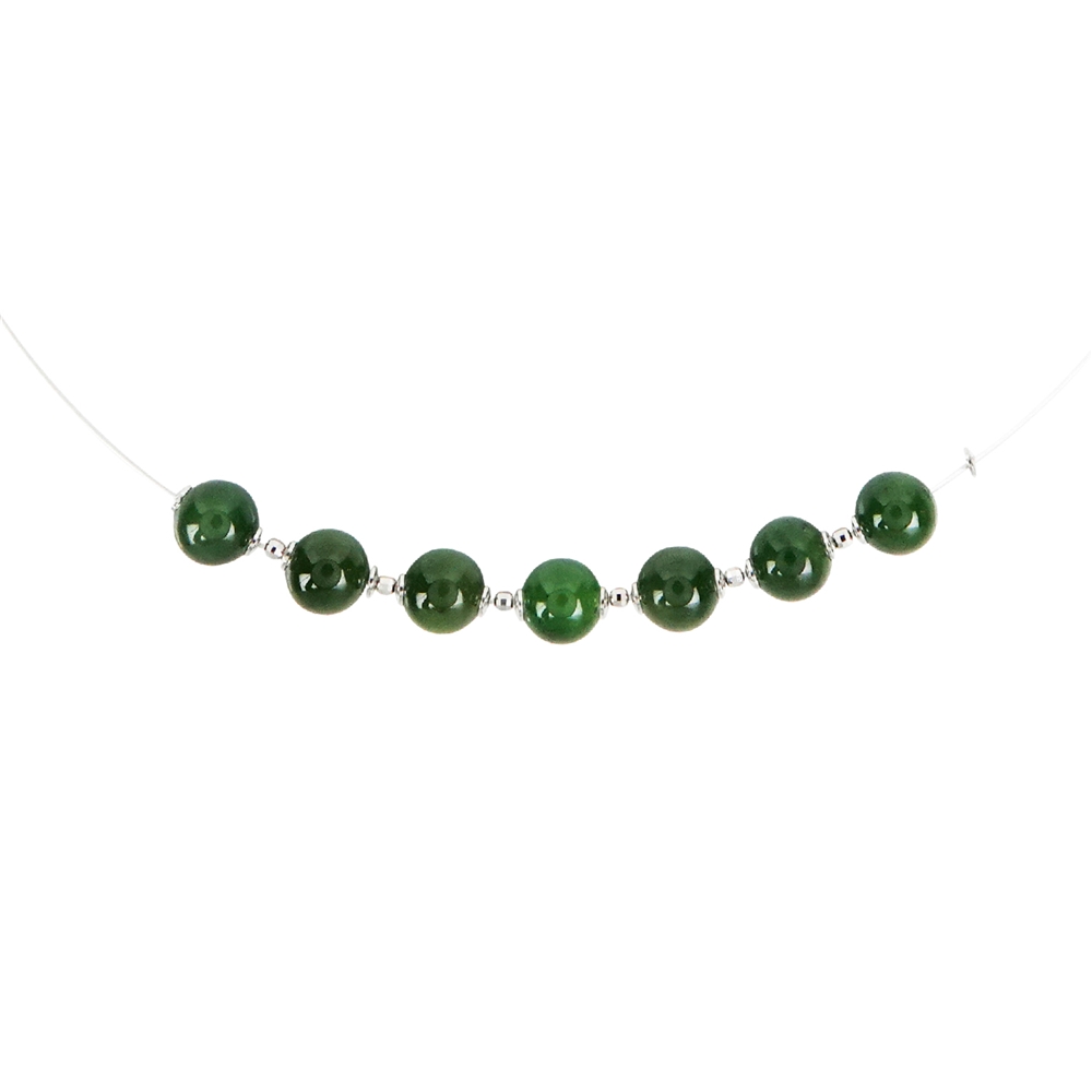 Necklace Nephrite, beads, rhodium plated, extension chain