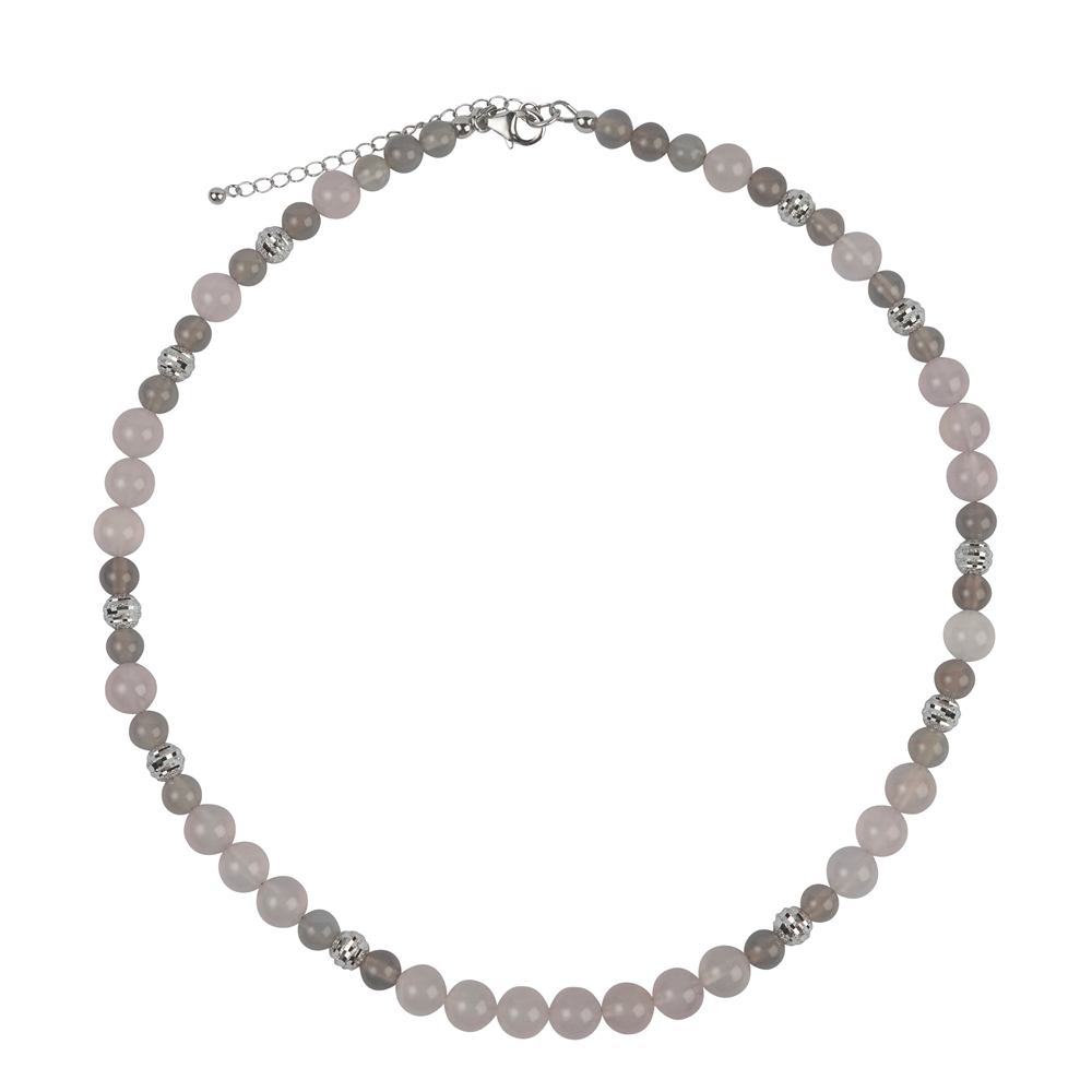 Collana di calcedonio (rosa, grigio argento), perline, rodiato, catena di estensione