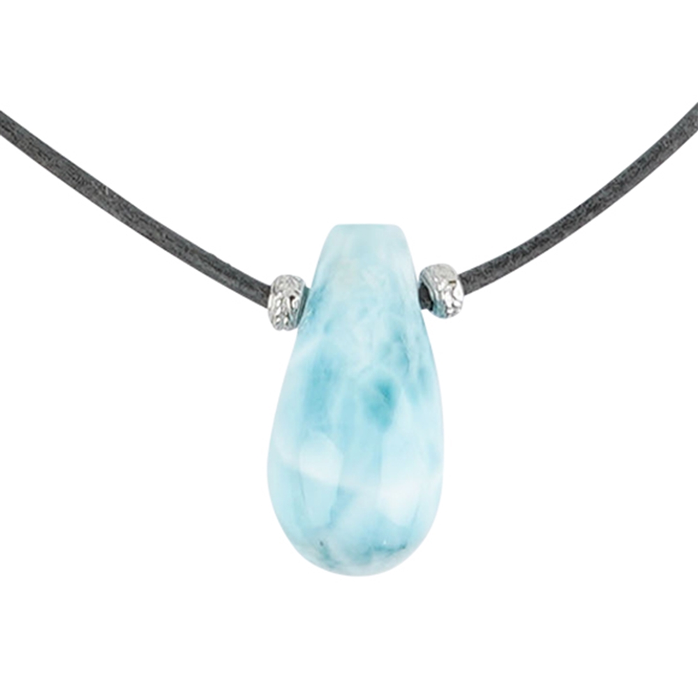 Larimar necklace leather with drops (25 x 13mm), 40 - 80cm, rhodium-plated