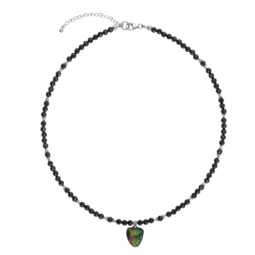 Necklace Spinel black beads (4mm), Ammolite, rhodiniert, extension chain  | Marco Schreier