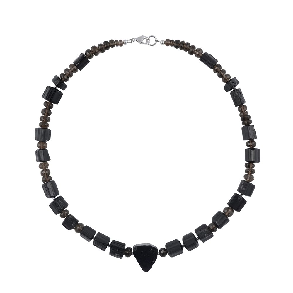 Collana di pietre grezze di Schorl (7 - 12 mm), bottone di quarzo fumé, rodiato | Marco Schreier