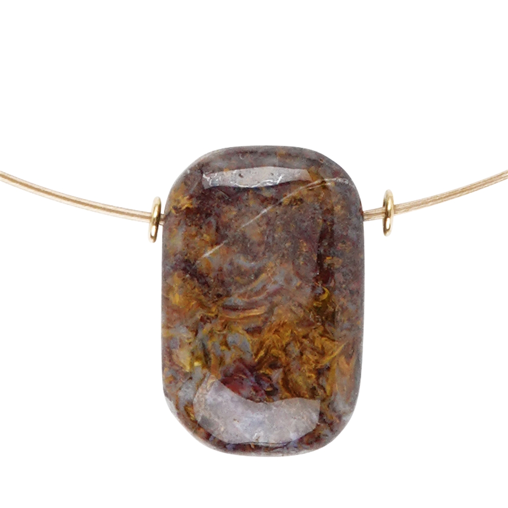 Collana quadrata in pietersite, argento placcato oro, catena di prolungamento