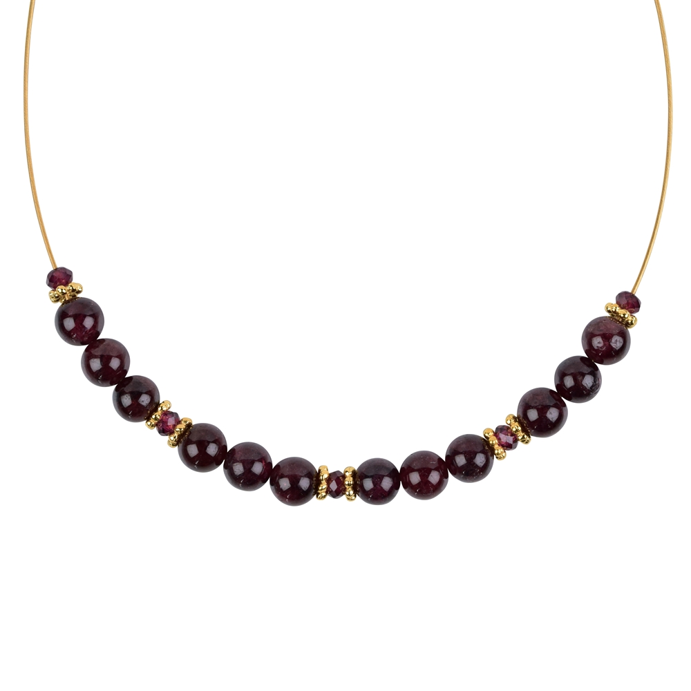 Garnet beads necklace, gold-plated silver, extension chain