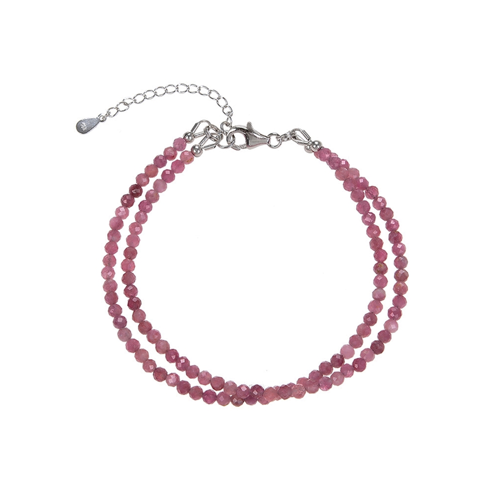 Chaîne Tourmaline (rose), boules de 3mm facettées, double rangée, rhodiée