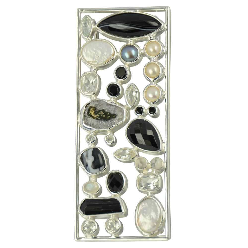 Pendant pearl, Tourmaline (black), Onyx, Spinel, Labradorite, Topaz, Agate, ca. 9cm
