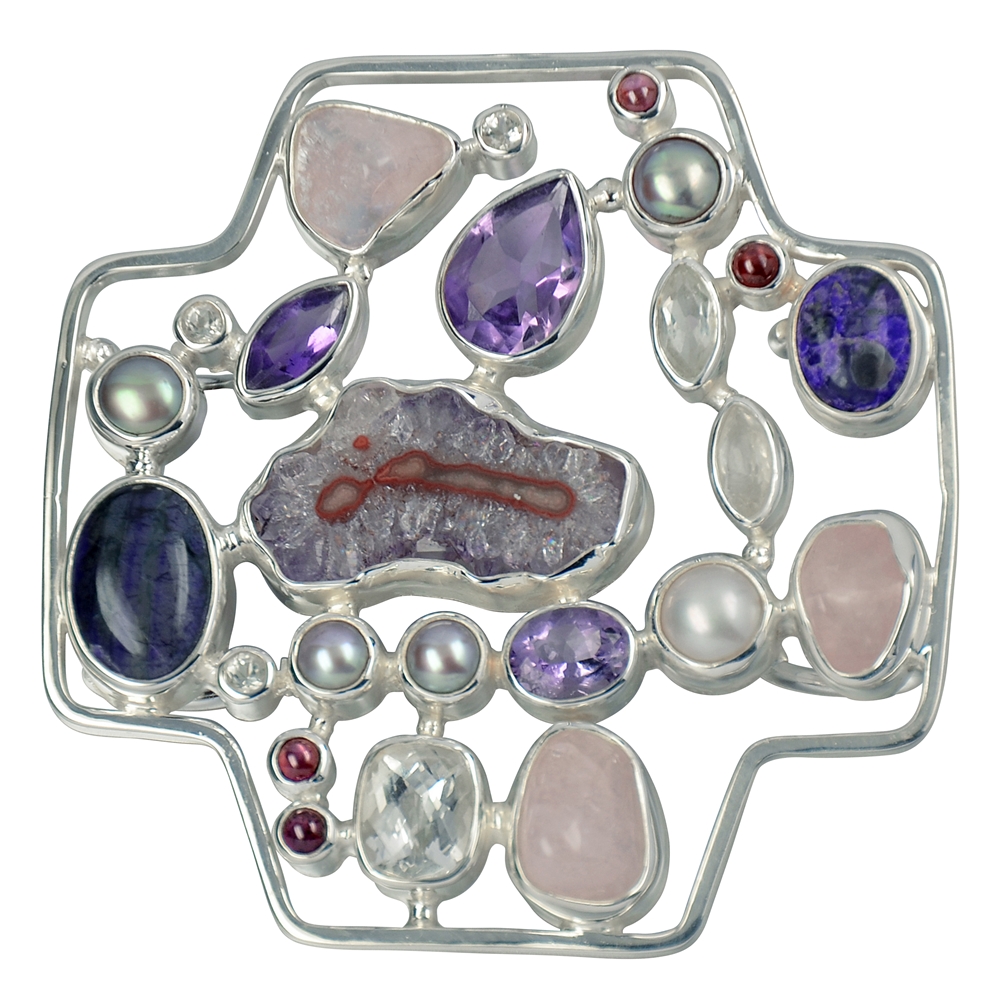 Pendentif améthyste, sugilite, quartz rose, perle, topaze, tourmaline, env. 6cm