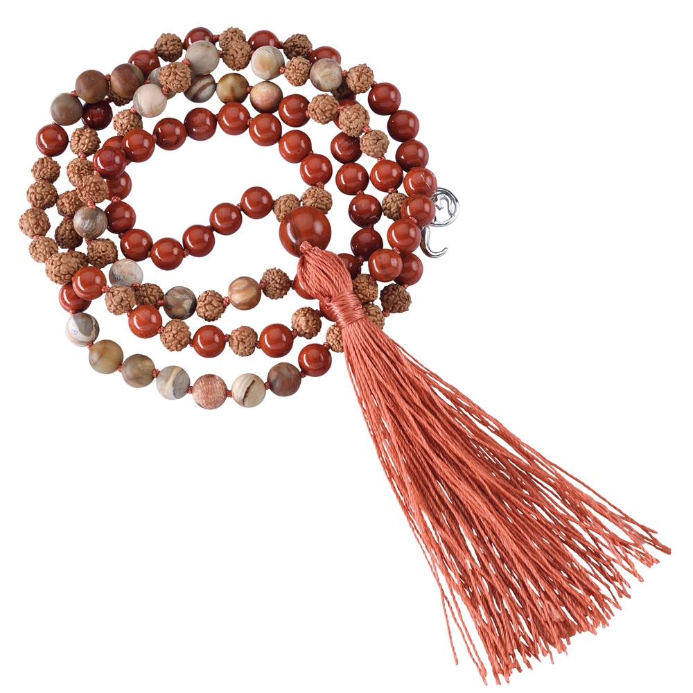 Gemstone mala pendant Petrified Wood, red Jasper (grounding)