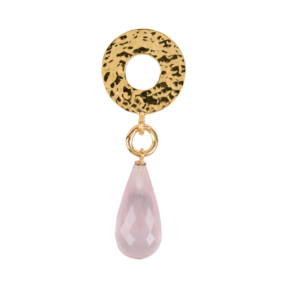Ciondolo in quarzo rosa, Briolette, cerchio martellato, 4,7 cm, placcato oro