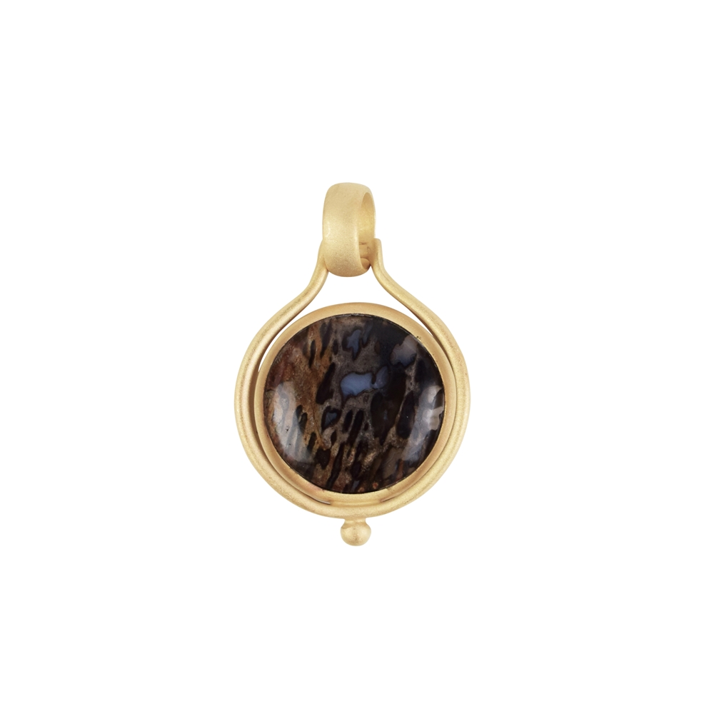 Petrified Palm Wood pendant round, double frosted setting, 3,3cm, gold plated