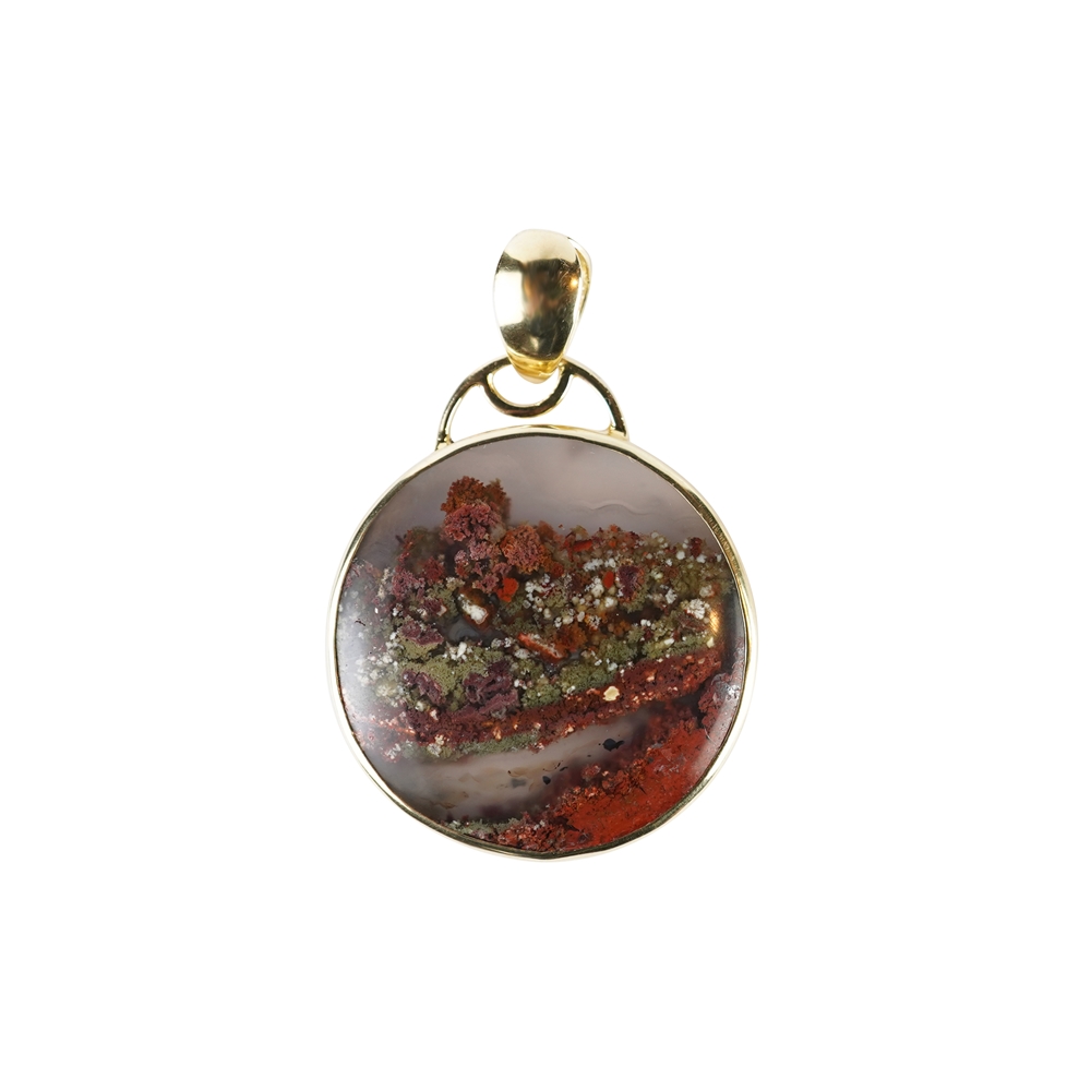 Pendant Moss Agate (brown-red), round (30mm), 4,2cm, gold plated