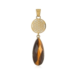 242009230012 Pendant Tiger's Eye, drop (12 x 8mm) with Flower of Life, 6.0cm, gold-plated | Marco Schreier