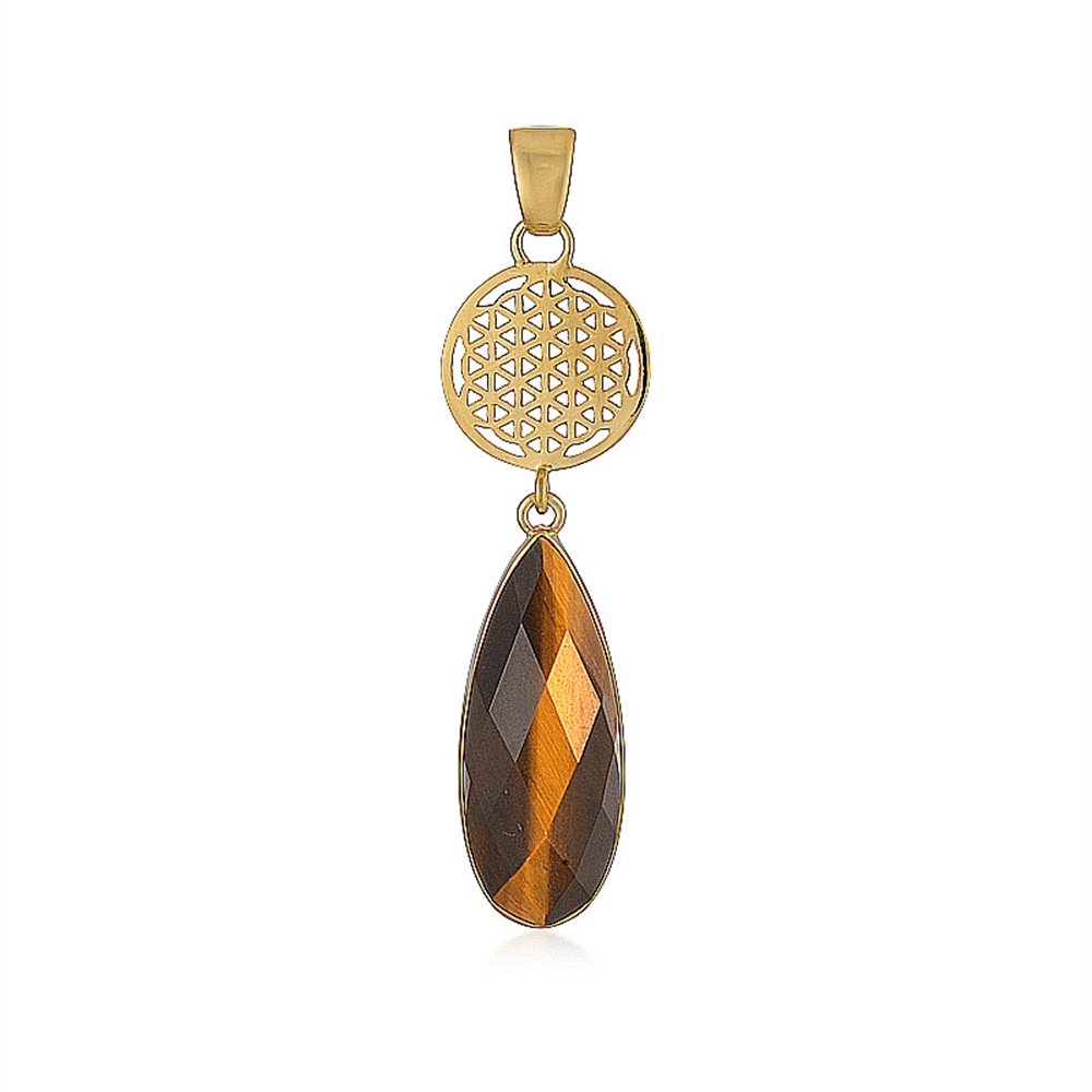 Pendentif Oeil-de-tigre, goutte (12 x 8mm) avec Fleur de vie, 6,0cm, doré