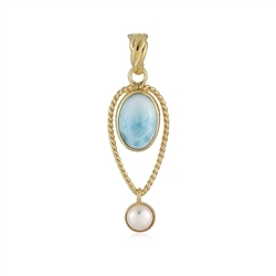 242009230122 Larimar pendant, oval (14 x 10mm) with pearl, 5.0cm | Marco Schreier