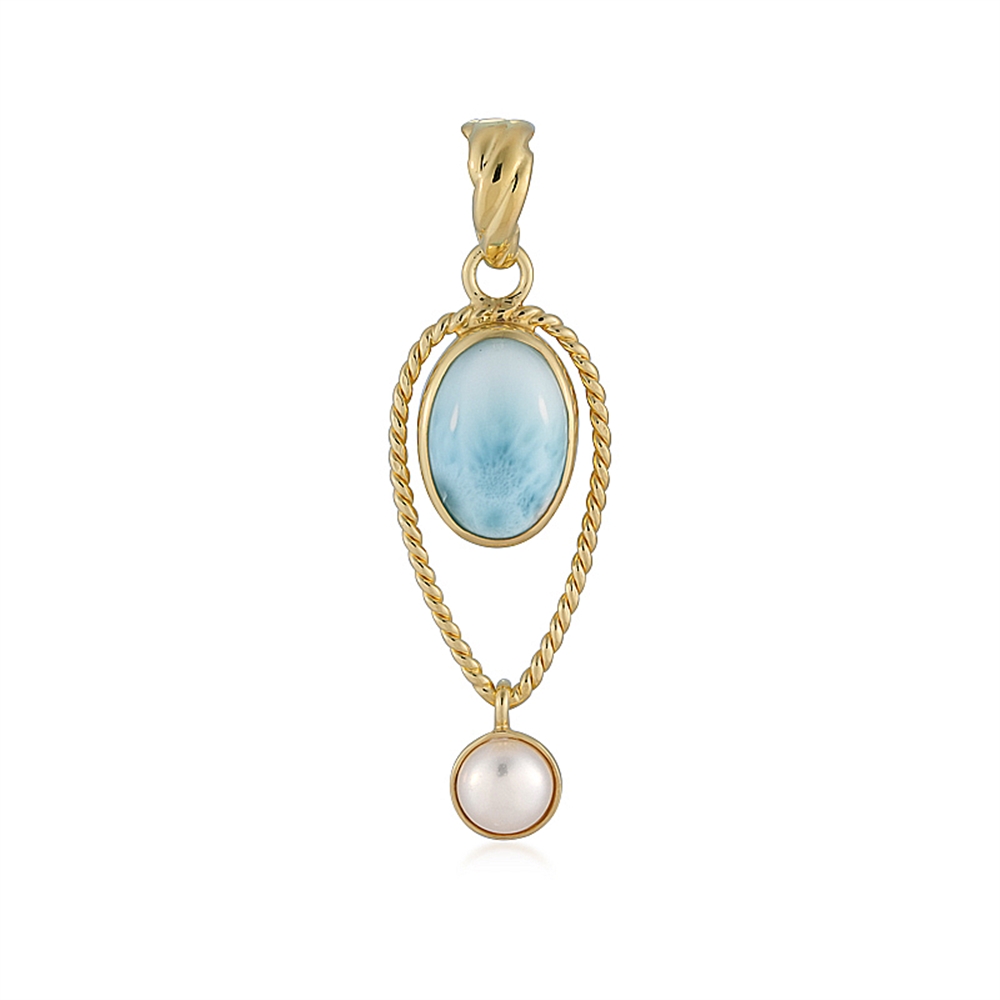 Larimar pendant, oval (14 x 10mm) with pearl, 5.0cm