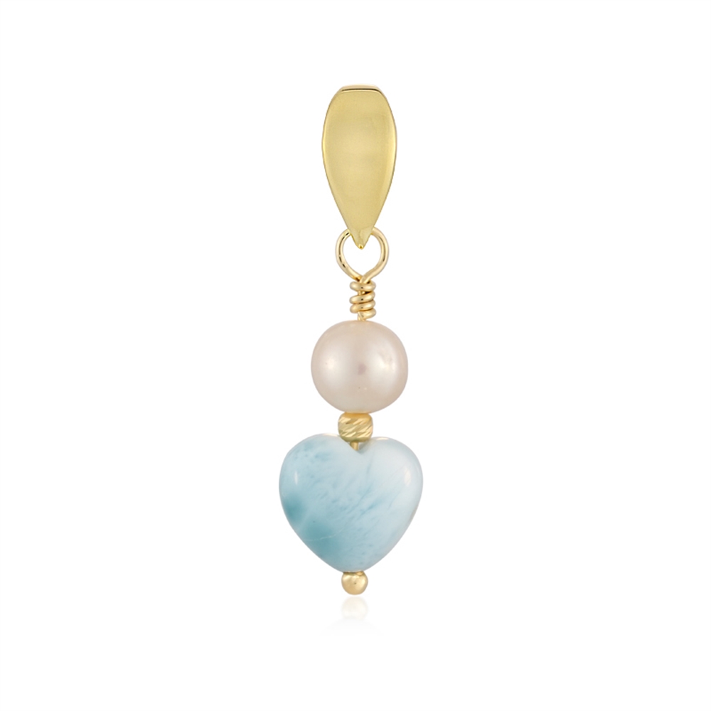 Colgante de Larimar, corazón (12 x 12mm) con perla, 3,6cm, chapado en oro