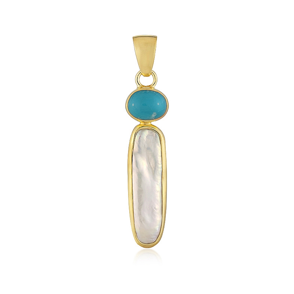 242009240028 Pendentif Turquoise ovale (8x 6mm), perle (17 x 5mm), 4,2cm, doré à l'or fin