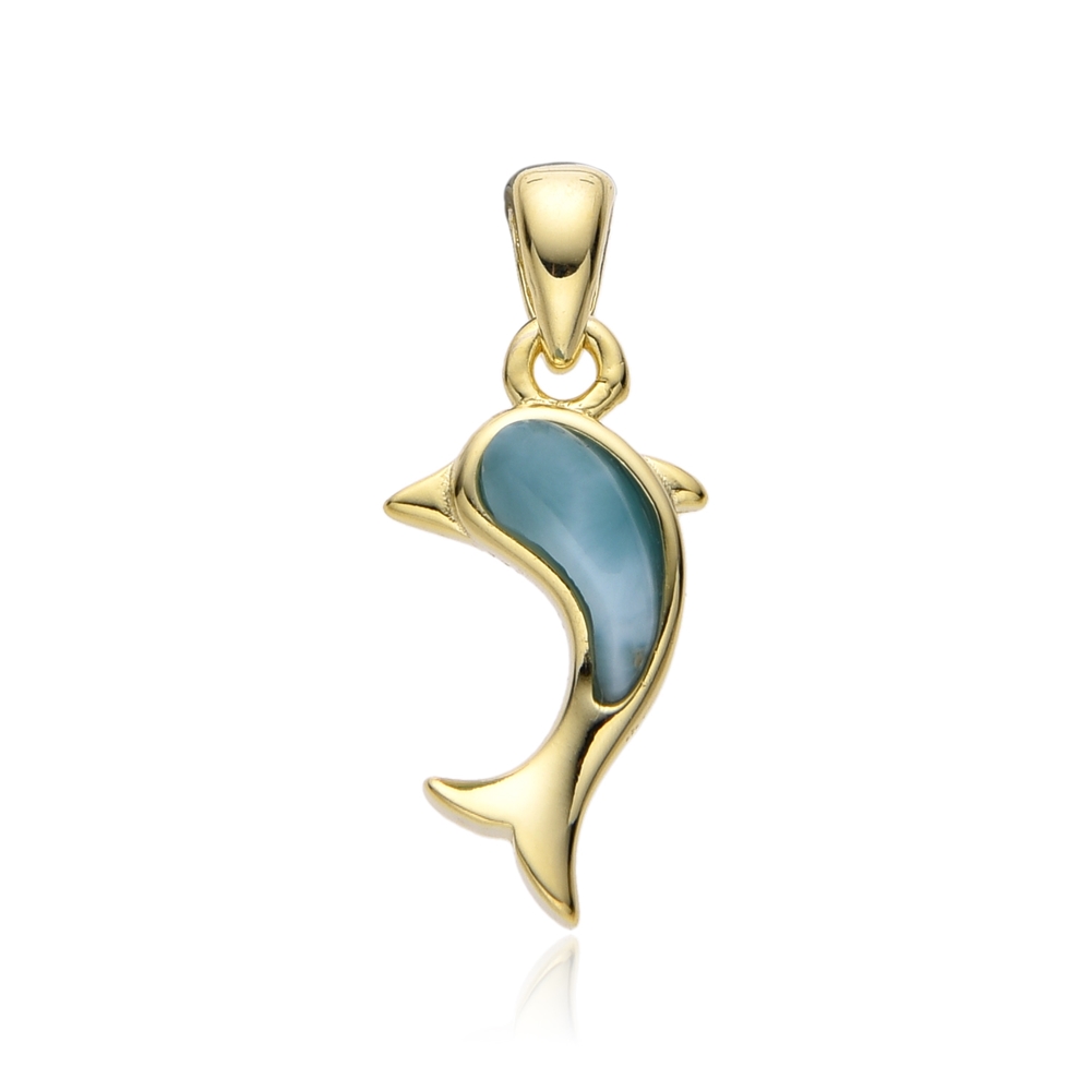 Colgante de Larimar, delfín, 1,3 cm, chapado en oro