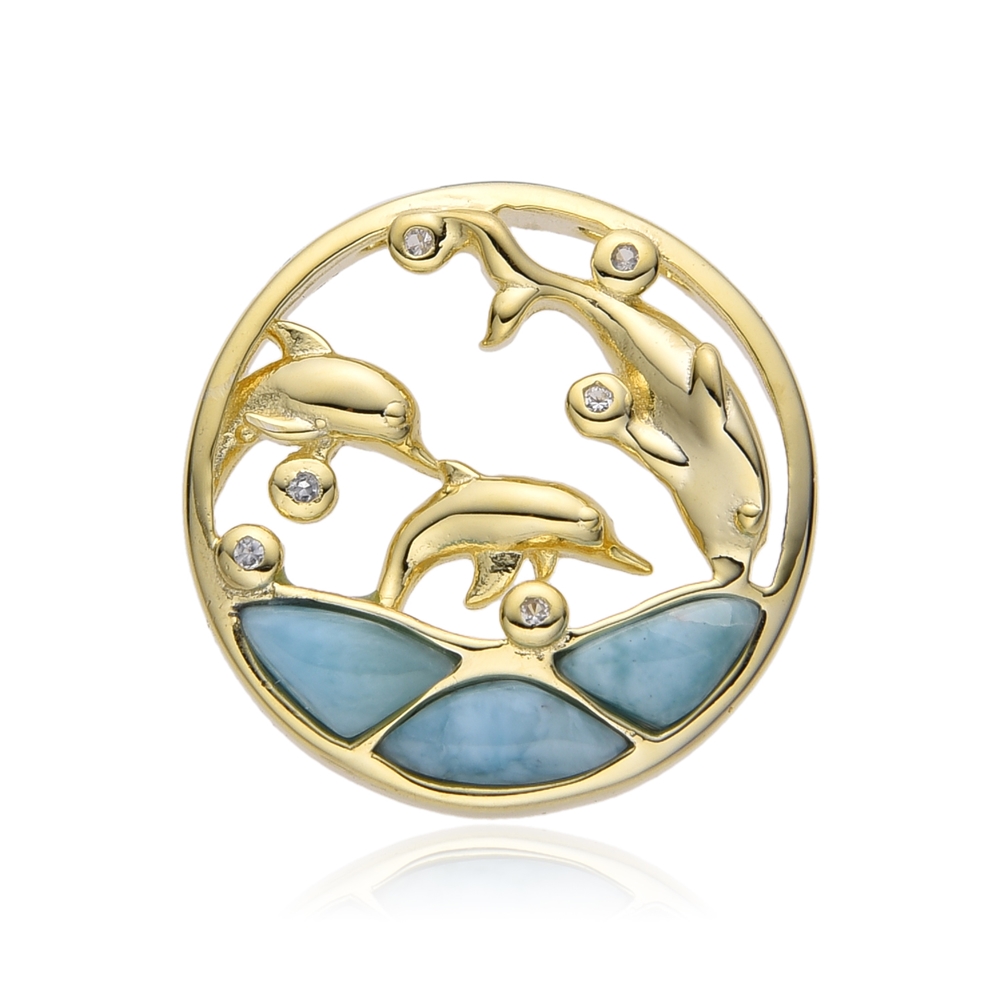 Pendant Larimar, topaz, dolphin round dance, 1.85 cm, gold-plated