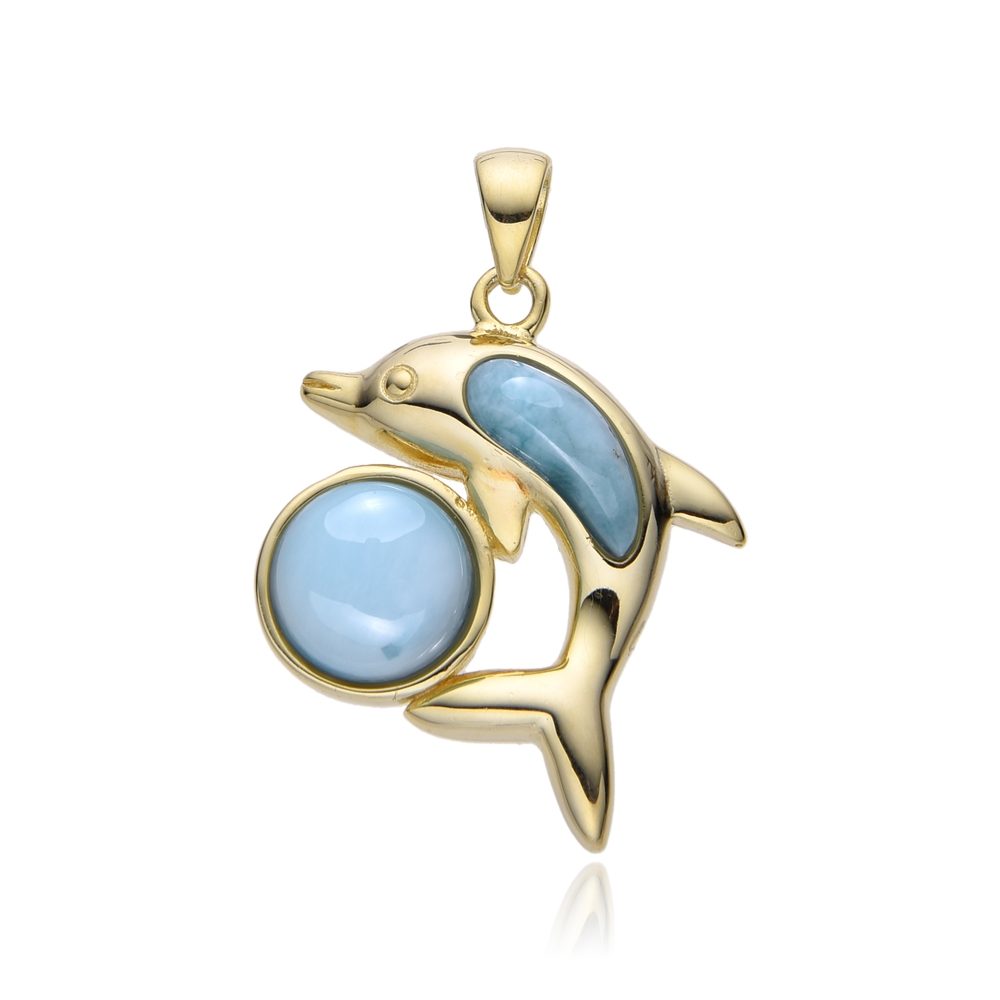 Larimar pendant, dolphin with ball, 3.0 cm, gold-plated