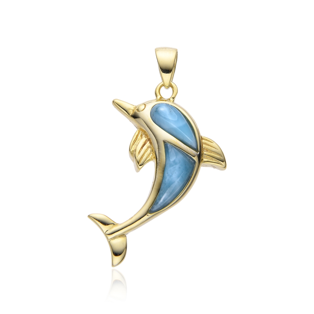 Pendentif Larimar, dauphin, 2,7cm, doré à l'or fin