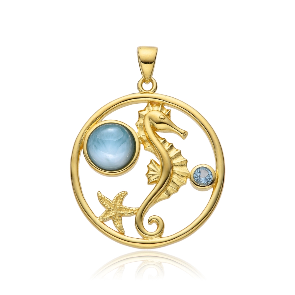 Pendentif Larimar, Topaze, Hippocampe, 3,2cm, doré à l'or fin