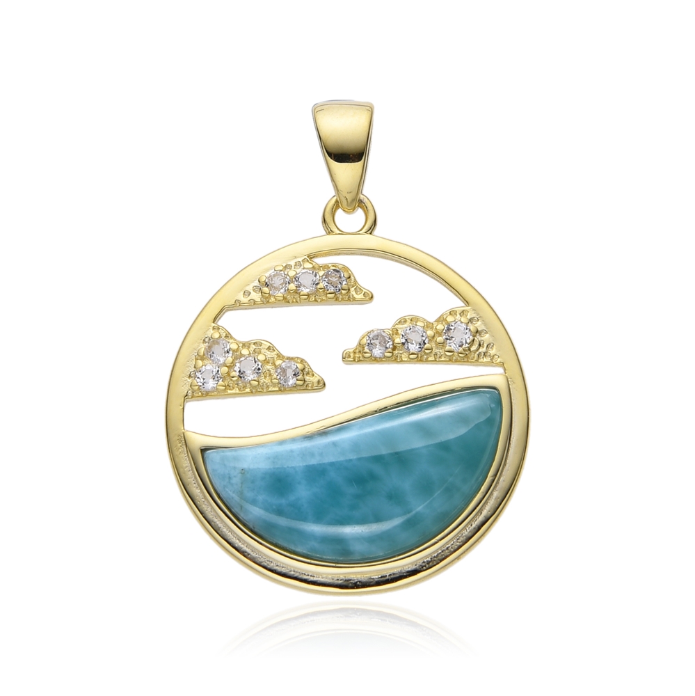 Larimar pendant, sea with clouds, 2.9 cm, gold-plated