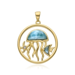 242009240062 Pendant Larimar, Sealife, 3.2 cm, gold-plated | wholesaler gems & healing stones