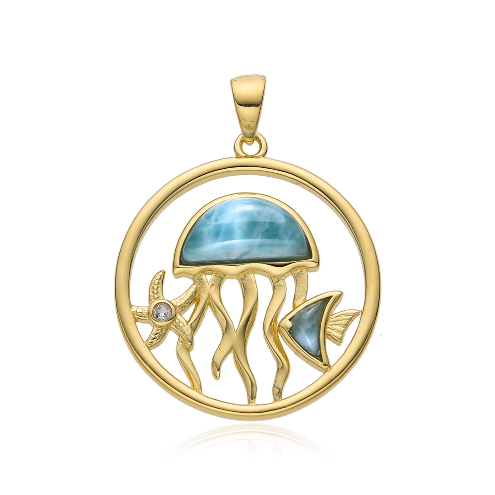 Pendant Larimar, Sealife, 3.2 cm, gold-plated