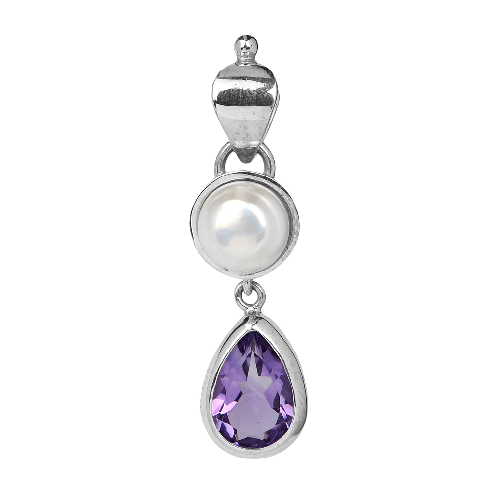 Pendant amethyst faceted, pearl, 4,5cm, rhodium plated