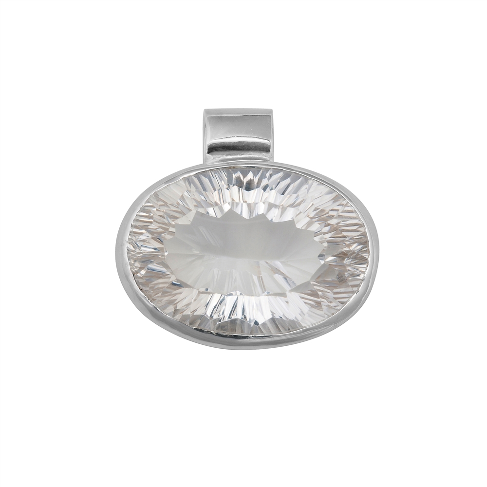 Pendentif Cristal de roche ovale facetté, 2,6cm, rhodié
