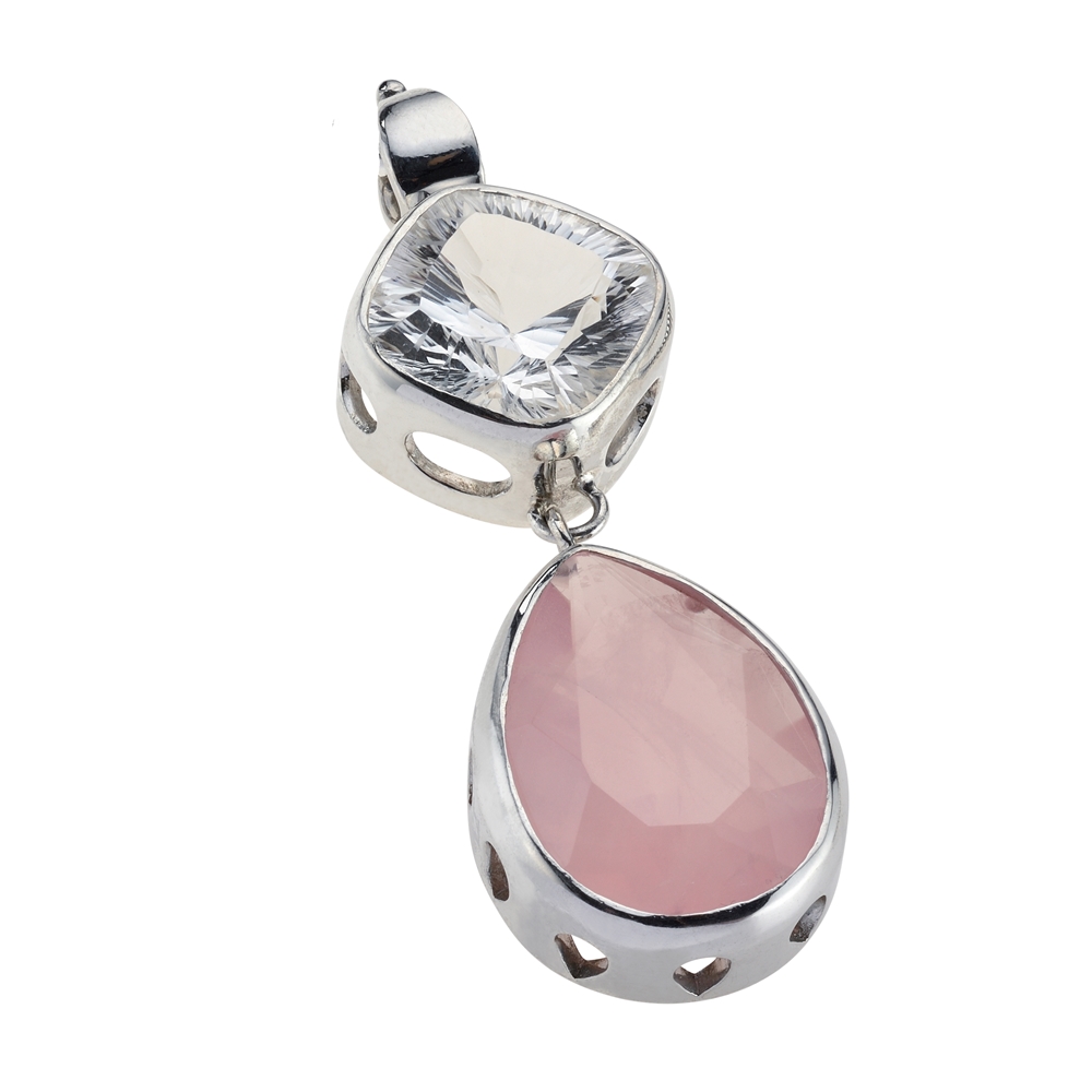 Pendentif Quartz rose, cristal de roche facetté, 6,7cm, rhodié