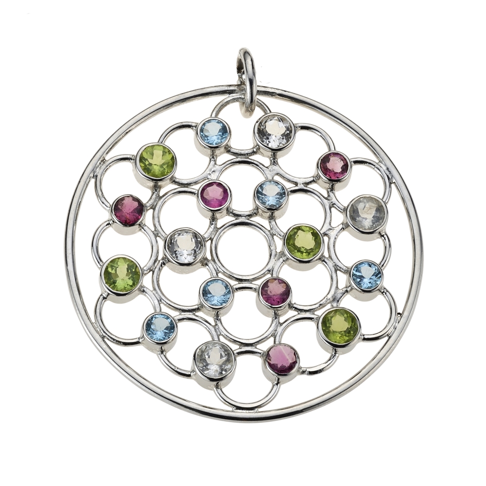 Pendant Peridote, Topaz, Tourmaline faceted "Facetted Circle", 5,0cm, rhodium plated