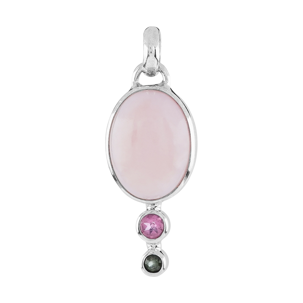 Pendant Andean Opal oval (16 x 12mm), tourmaline, 3,7cm, rhodium plated