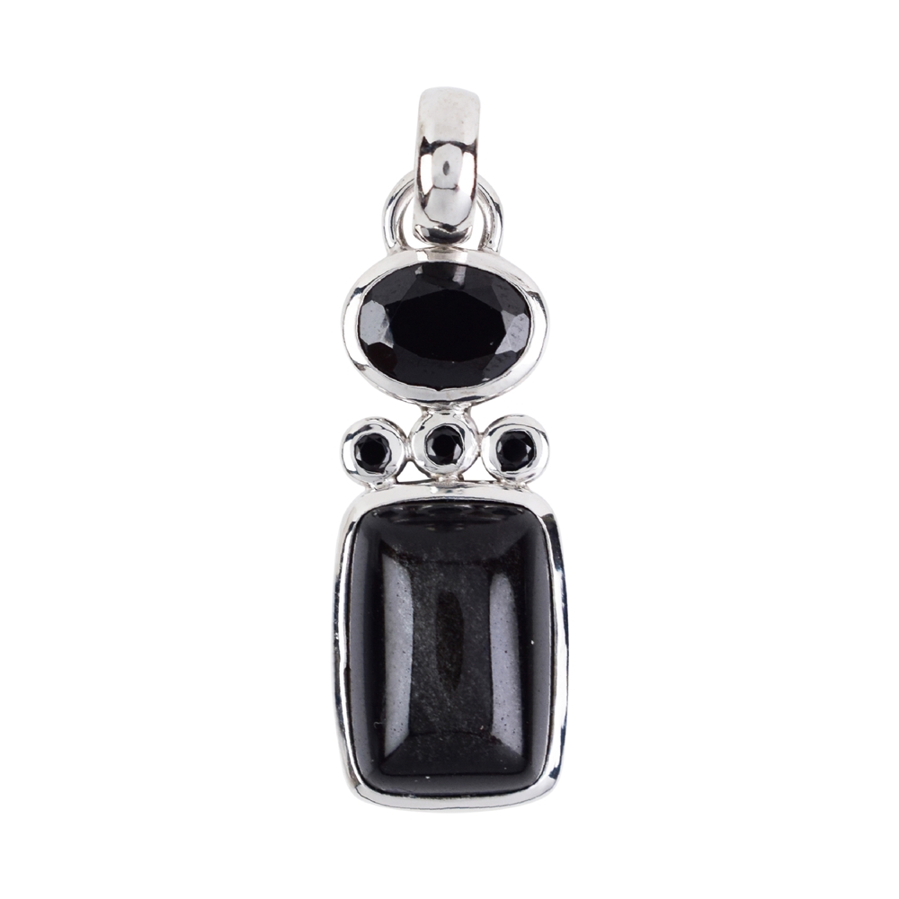 Pendant, silver shine obsidian, Spinel (black), 3,5cm, rhodium plated