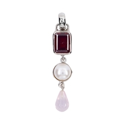 242018210354 Pendant garnet rectangle, pearl, Rose Quartz briolette, 4.7cm, rhodium plated | Marco Schreier