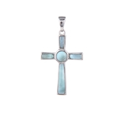 242018210440 Pendant Larimar cross, 3.2cm, rhodium plated | wholesaler gems & healing stones