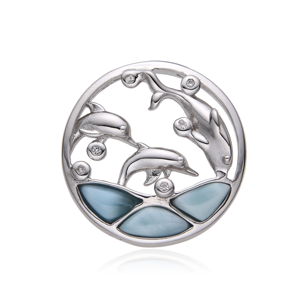 Pendant Larimar, topaz, dolphin roundel, 1.85 cm, rhodiniert