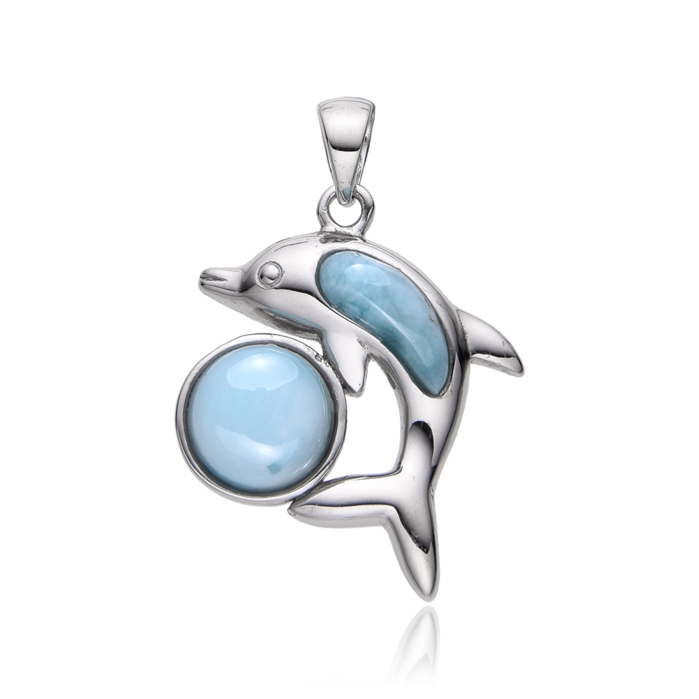 Ciondolo in Larimar, delfino con sfera, 3,0 cm, rodiato