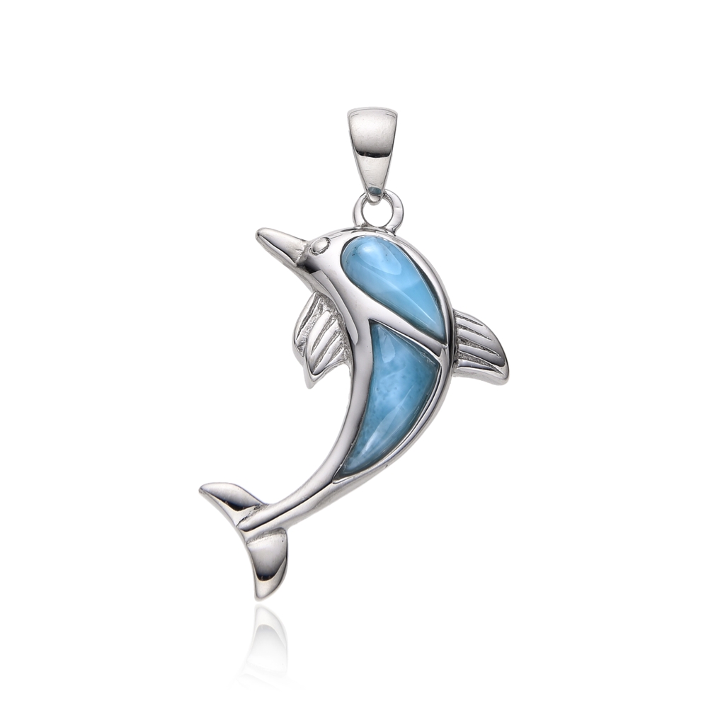 Larimar pendant, dolphin, 2.7 cm, rhodiniert