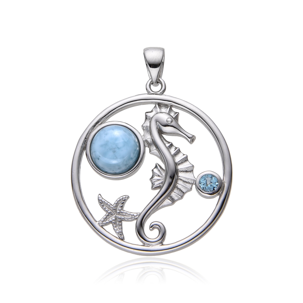 Larimar, topaz, seahorse pendant, 3.2 cm, rhodiniert